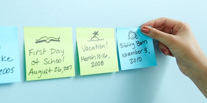 Contohkan kronologi dengan menggunakan Post-it® Super Sticky Notes untuk menunjukkan tahap-tahap kehidupan anak. Bagi-bagikan sekumpulan Post-it® Super Sticky Notes bergambar.